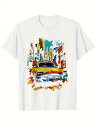 200gのコットンTシャツで、前面には抽象的な黄色いタクシーが描かれ、背景には青、オレンジ、緑などの幾何学模様が施されており、都市の街並みを感じさせるモダンで芸...