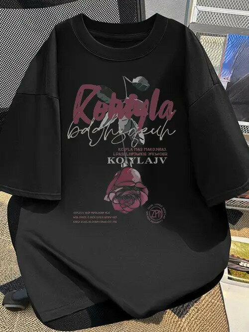 200gの黒Tシャツには英語などの単語とバラの模様がプリントされ、個性的でアートに溢れたユニークなスタイルでデザインされている。