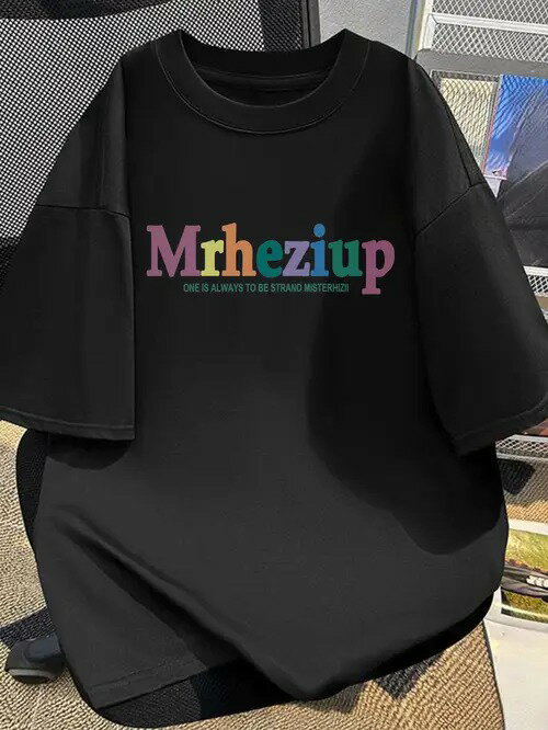 200g カラフルな文字入り黒Tシャツ、トレンディなスタイルと個性 コットン素材、着心地がよく通気性がある