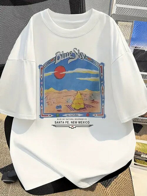 砂漠、テント、赤い太陽などのシーンを描いたカラフルなプリントと文字がデザインの上に配された200gの..