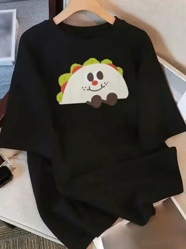200gパターン:黒Tシャツのキャラクタープリントは、擬人化されたタコスをイメージしています。笑顔や腕などのデザインが施されています。 アイテム属性:黒の半袖Tシャツ、検索結果と合わせてコットン素材と関連づけます。 200gパターン:黒Tシャツのキャラクタープリントは、擬人化されたタコスをイメージしています。笑顔や腕などのデザインが施されています。 アイテム属性:黒の半袖Tシャツ、検索結果と合わせてコットン素材と関連づけます。