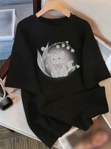 200gパターン:黒Tシャツの猫のキャラクタープリント(猫の周りに鈴蘭の花が飾られていて、かわいくてさわやかなスタイルです)。 アイテム属性:黒の半袖Tシャツはカジュアルなファッションアイテムです。キャラクターのテーマに関連しています。 200gパターン:黒Tシャツの猫のキャラクタープリント(猫の周りに鈴蘭の花が飾られていて、かわいくてさわやかなスタイルです)。 アイテム属性:黒の半袖Tシャツはカジュアルなファッションアイテムです。キャラクターのテーマに関連しています。