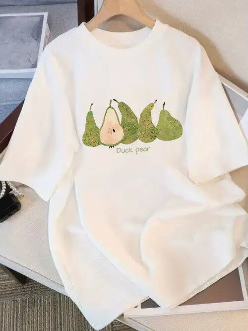 200文字の「Duck pear」は、「鴨梨」という意味で、梨のプリントをあしらったTシャツのコピーです。 パターン:白のTシャツの上の梨のプリント(復数の緑の梨、その中の1つを切って内部を現します)、風格は清新で、デザイン感があります。