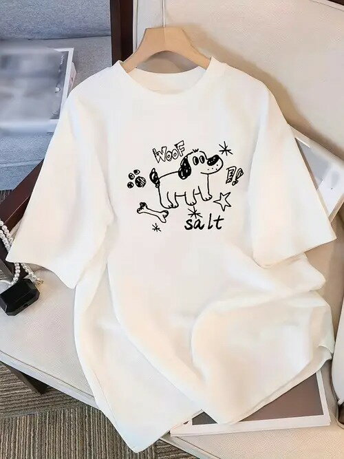 200gパターン:白いTシャツの上のアニメの子犬のプリント(骨、爪の印、星などの装飾の要素を含みます)、風格はかわいくて、遊び心があります。 アイテム属性:白の半袖Tシャツはカジュアルなファッションアイテムです。キャラクターに関連しています。