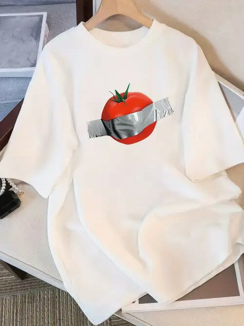 200gパターン:白いTシャツの上のプリント、銀色のテープで巻かれた赤いトマトです(形は独特で、風格は..