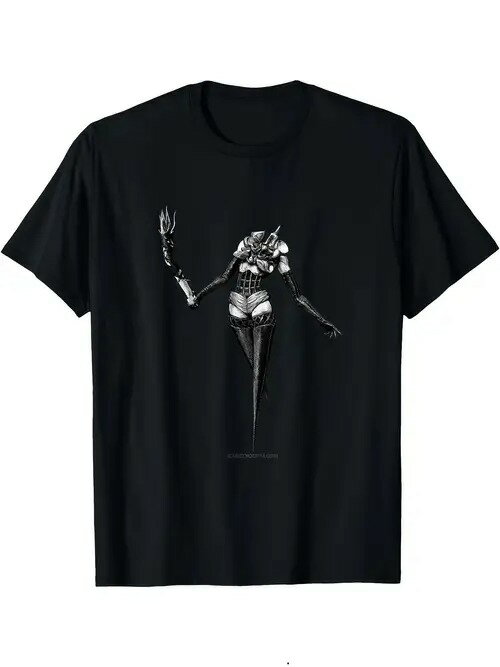 200gのブラック半袖Tシャツは、SFスタイルのサイボーグ・グラフィックがプリントされ、ユニークで未来的なダークルック。コットンで着心地がよく、通気性に優れ、ルーズフィット。