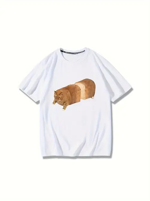 200gの白い半袖Tシャツは、風変わりな猫の柄がプリントされ、猫の体の部分はパンの形をしており、かわいいペットと食べ物の要素を兼ね備えている。コットンで着心地がよく、通気性に優れ、ルーズフィット。