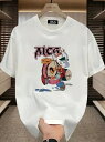 200g 白と白の半袖Tシャツで、前面にカラフルなカートゥーン柄、上部にピンクの文字がプリントされています。夏の新作、カジュアルでキュートなスタイル。クルーネック・スタイルで、コットン素材。(4)