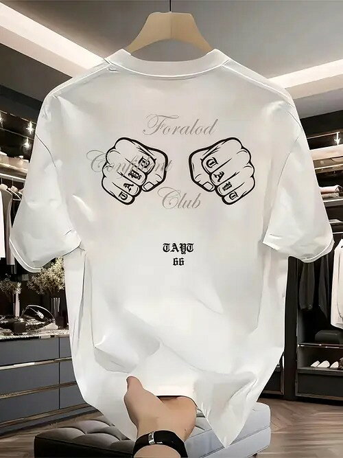 200グラムの白いTシャツスタイルのストリートのトレンドは、拳のパターンがパワー、個性的な態度、綿の快適さと通気性、男性と女性の体の様々なルーズフィットの感覚を伝える。(4)