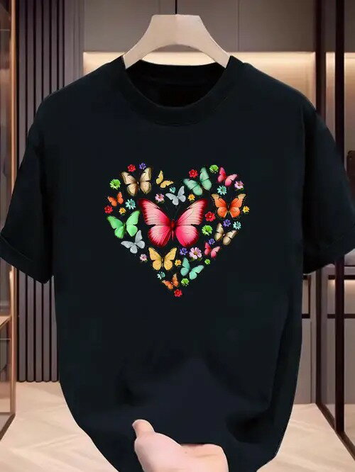 200gのtシャツは、カラフルな蝶がハートマークになっていて、ロマンチックでエネルギッシュなスタイルです。夏の新作Tシャツです。素材はコットンかもしれません。着心地が良く通気性もあります。丸首のゆったりとしたシルエットは、様々なスタイルにフィットします。