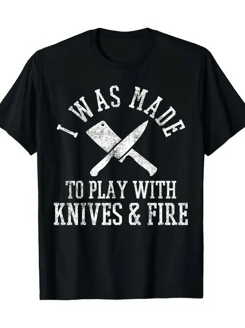 200gのブラック・ショートスリーブTシャツの中央には、交差したチョッパーとナイフのモチーフがあしら..