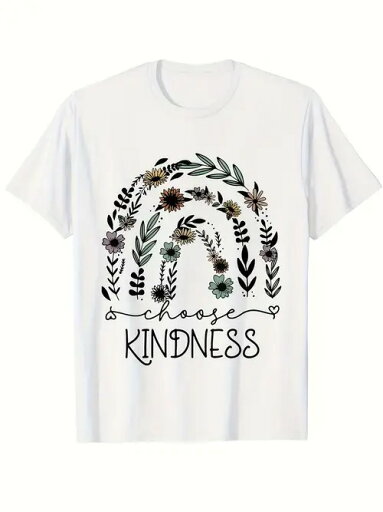 200グラム白いTシャツは、花虹のパターンで、テキストと物理的なメッセージ(優しさを選択)、、、新鮮な癒しのスタイルを肯定的な価値観を伝えるために、善意の提唱に属し、生活トレンド衣類に対する積極的な態度 200グラム白いTシャツは、花虹のパターンで、テキストと物理的なメッセージ(優しさを選択)、、、新鮮な癒しのスタイルを肯定的な価値観を伝えるために、善意の提唱に属し、生活トレンド衣類に対する積極的な態度