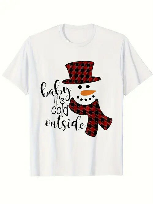 赤と黒のチェック柄のピークド・キャップとマフラーを身につけた雪だるまがフロントに描かれ、手書き風のテキストが寒い冬の雰囲気を居心地の良いスタイルで伝えている。
