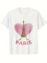 フロントにエッフェル塔のプリントをあしらった200gのコットン製Tシャツ。ピンクのハートを背景に、その下にはピンクの大文字のテキストが配され、全体的にロマンチックなスタイルで、パリへの愛を表現するのにふさわしい。