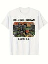 200gのコットン製Tシャツは、ゴシック調の建物、カボチャのランプ、墓石など、ハロウィーンをテーマにしたイラストをフロントに配し、黒の大文字のテキストをトップに配した、全体的にハロウィーンのミステリアスで楽しい雰囲気に満ちたスタイルとなっている。