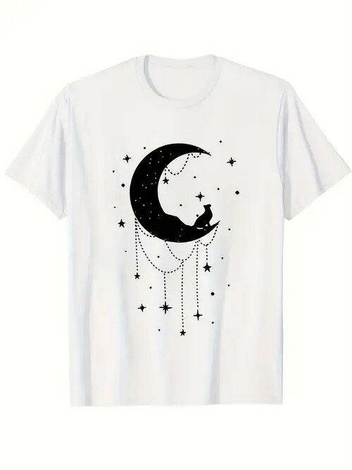 200gのコットンTシャツのフロントは黒でプリントされ、曲線の月とその上に座る猫が描かれ、曲線の月の下には星とドットが飾られ、夜の夢のような雰囲気を醸し出し、全体的にシンプルで詩的なスタイルとなっている。