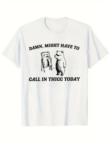 フロントにブラックのテキストとグラフィックが入った200gコットンTシャツ。 文字の横にはユーモラスなスタイルで鏡の前に立つクマのスケッチが描かれている。 フロントにブラックのテキストとグラフィックが入った200gコットンTシャツ。 文字の横にはユーモラスなスタイルで鏡の前に立つクマのスケッチが描かれている。
