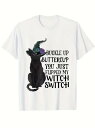 フロントには魔女の帽子をかぶった黒猫がプリントされ、黒猫の上には黒いフォントでテキストが書かれ、全体的にハロウィンや魔女をテーマにしたユーモアのあるスタイルになっている200gのコットンTシャツ。