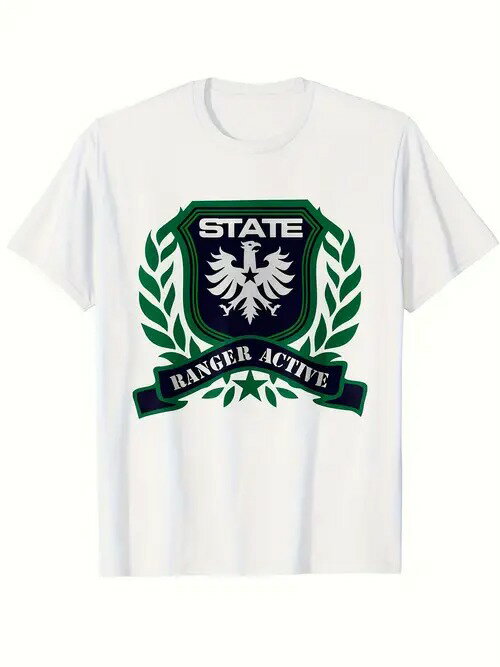 フロントに緑と黒のプリントと文字が入った200gコットンTシャツ。 全体的にミリタリーやチームをテーマにしたスタイル。