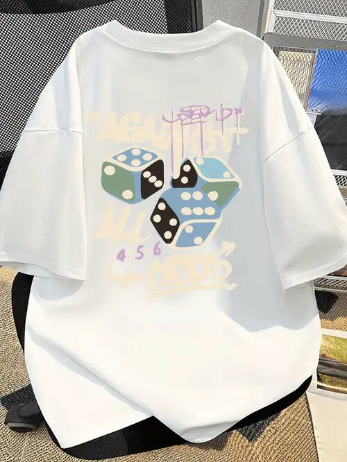 200gの白い半袖Tシャツで、背中にはサイコロ模様と「4 5 6」などのカラフルな文字がプリントされています。ピュアコットンを使用しているので、着心地がよく、通気性に優れています。