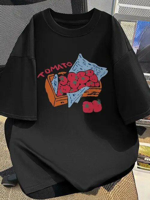 200gの黒半袖Tシャツにプリント文字とトマトの入った木箱と散らばったトマトの柄。ピュア・コットンを..