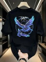 背中にブルーとパープルの猛禽類をプリントした200gのブラック・クルーネック半袖Tシャツ。ヘビーウェイトのコットン素材。ルーズフィット、ユニセックス、カップルに最適。(4)