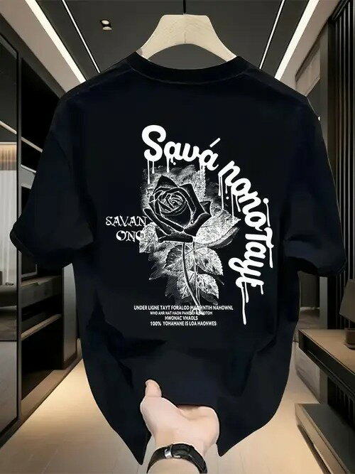 200gのブラック半袖Tシャツは、背中のホワイトレタリング、バラのモチーフ、そしていくつかの英語フレーズが特徴で、全体的にトレンディで目を引く鮮やかなスタイルとなっている。コットン素材なので、着心地がよく、通気性も抜群です。