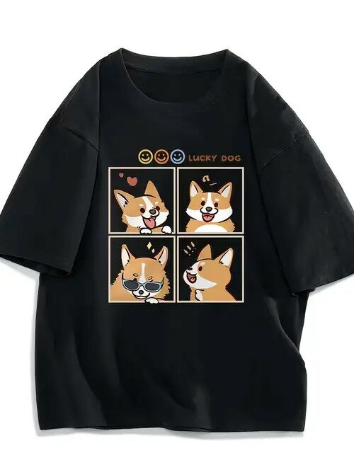200gのブラック半袖Tシャツには、キュートなコーギーが4つのパネルにプリントされている。全体的にキュ..