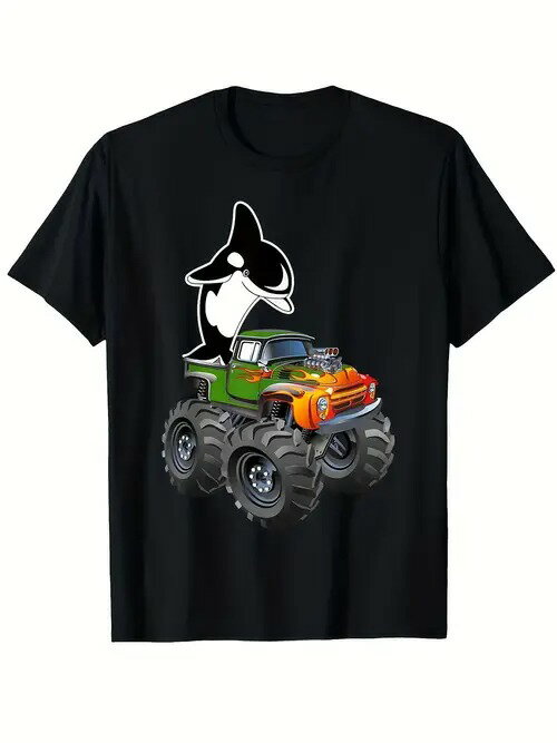 200gのブラック半袖Tシャツには、シャチと色鮮やかなモンスター・トラックをモチーフにしたカートゥーン・グラフィックがプリントされている。にぎやかで面白いスタイルだ。素材はコットンで、着心地がよく、通気性に優れ。