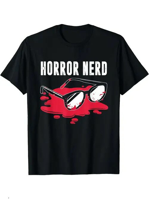 200gの黒い半袖Tシャツには白い文字がプリントされ、赤い液体に染まったメガネが怖い雰囲気を醸し出し..