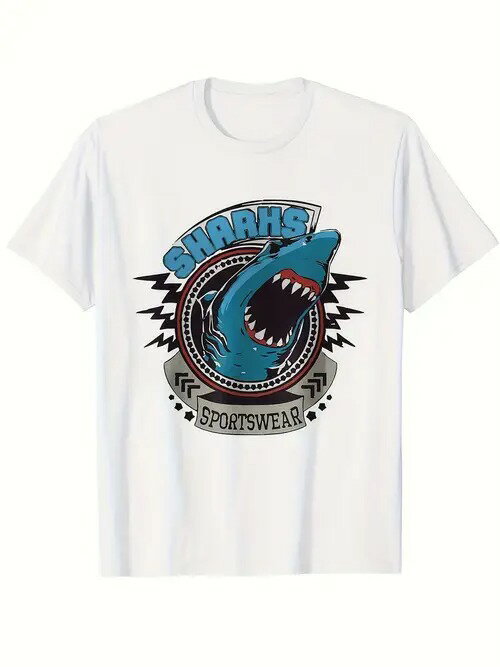 200g 青いサメが口を開け、装飾が施された白いTシャツ。サメをテーマにしたスポーティでトレンディなデザイン。