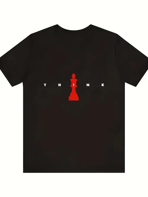 200g 黒いTシャツで、背中には白い文字。「I 」の文字が赤いチェスのクイーンの駒に置き換えられている..