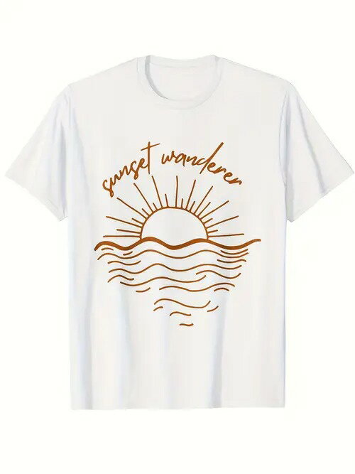 200gの白いTシャツには茶色の夕日と波の模様が描かれ、その上に文字がプリントされている。全体的に自由で居心地の良い詩的な雰囲気で、まるでリラックスした夕暮れの散歩を描いているかのようだ。素材はコットンで、着心地がよく、通気性がよい。