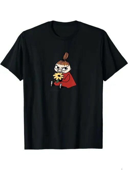 200gの黒いTシャツには、お団子姿のアニメ・キャラクターと赤いドレス、黄色い花が描かれ、キュートで..