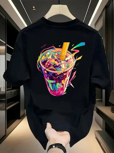 200gの黒の半袖Tシャツは、背中にカラフルなドリンクの絵とストロー、そしてかすかに見える「TAYT」の文字が特徴。全体的にトレンディで、人目を引く鮮やかなスタイル。コットン素材なので、着心地がよく、通気性も抜群です。 200gの黒の半袖Tシャツは、背中にカラフルなドリンクの絵とストロー、そしてかすかに見える「TAYT」の文字が特徴。全体的にトレンディで、人目を引く鮮やかなスタイル。コットン素材なので、着心地がよく、通気性も抜群です。