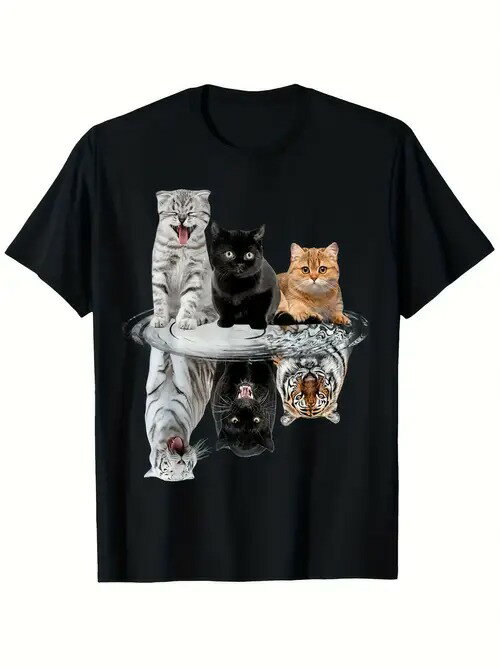 200gの黒い半袖Tシャツには、3匹のネコと、水面に映るトラが描かれている。この巧みなデザインは、ネコとトラの種のつながりを示しており、ネコ科動物の素晴らしい進化のつながりを反映している。素材は肌触りが良く通気性の良いコットンで