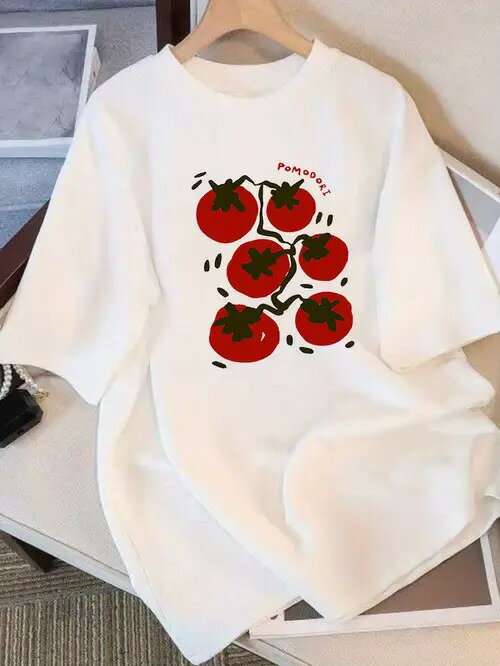 200gのトマト、風格は清新で文芸、丸首の半袖のスタイルに属して、日常のカジュアルな服装に適して、半..