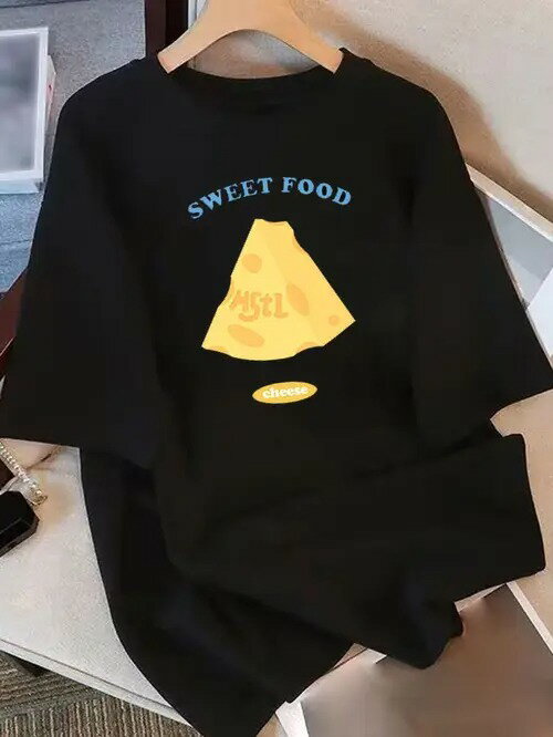 200gの黄色のチーズの図案、スタイルの潮流、美食のテーマに属して、丸首の半袖のスタイルに属して、日常のカジュアル、夏の服装に適して、甘いものに対する愛情とファッション感覚を伝えて、美食の文化、流行の服装の表現に一致します。(4)