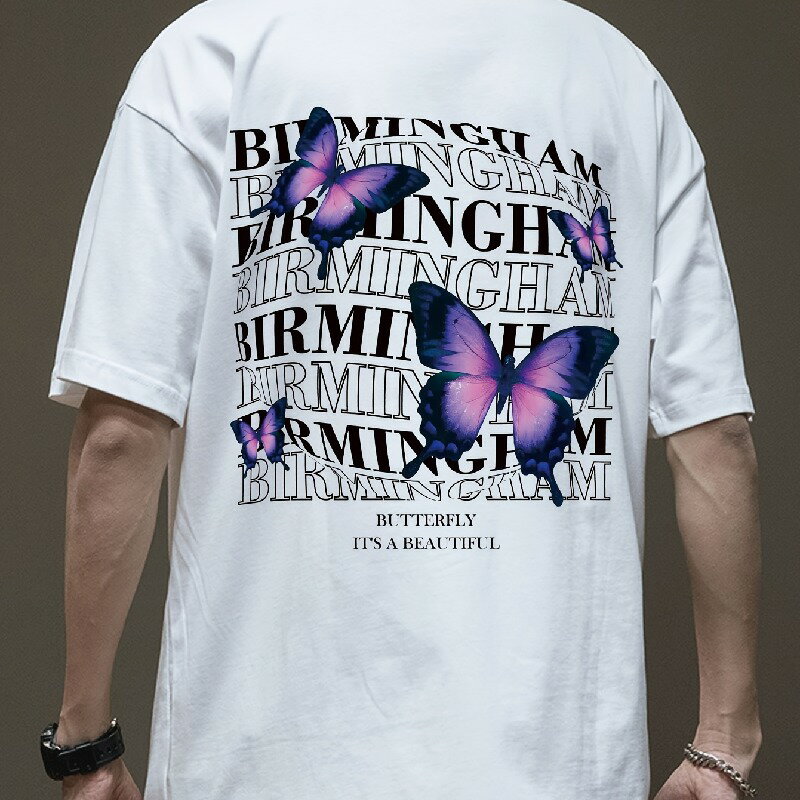 200Gメンズ100%コットン半袖Tシャツ - ブラックバーミンガム蝶グラフィックプリント、アメリカンスタイ..