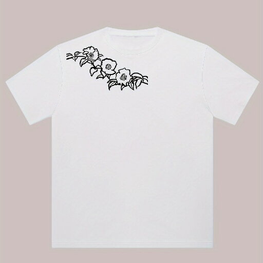 200gスモールフラワー メンズ&レディース 半袖Tシャツ - 100%コットン レギュラーフィット ラウンドネック カジュアルトップ ブラックフローラルプリント 通気性抜群 柔らか素材 シンプルスタイル 透けない生地 200gスモールフラワー メンズ&レディース 半袖Tシャツ - 100%コットン レギュラーフィット ラウンドネック カジュアルトップ ブラックフローラルプリント 通気性抜群 柔らか素材 シンプルスタイル 透けない生地