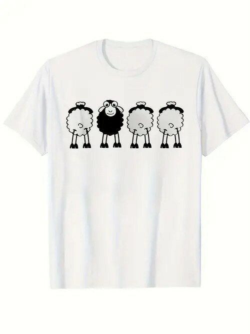 200gの白いTシャツに4匹の羊がデザインされています。真ん中の羊の毛の色は黒で、残りの3匹の毛の色は白です!