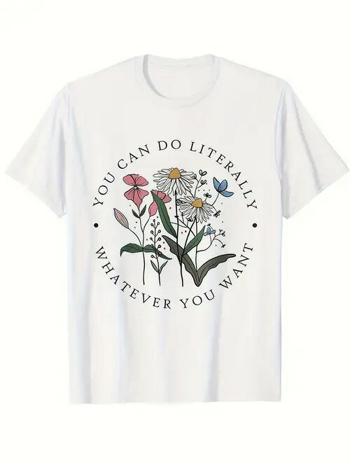 フロントに花柄プリントとテキストをあしらった200gコットン製Tシャツ。 柄はマルチカラーの花と葉で、..