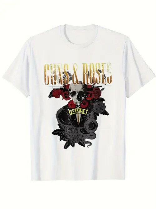 フロントに複雑なグラフィックとテキストを配した200gコットンTシャツ。 中央にバラと銃に囲まれたスカルが描かれ、その上にゴールドのグラデーション・テキストが配されたグラフィックは、全体的にロックの要素を取り入れたハードなスタイル。