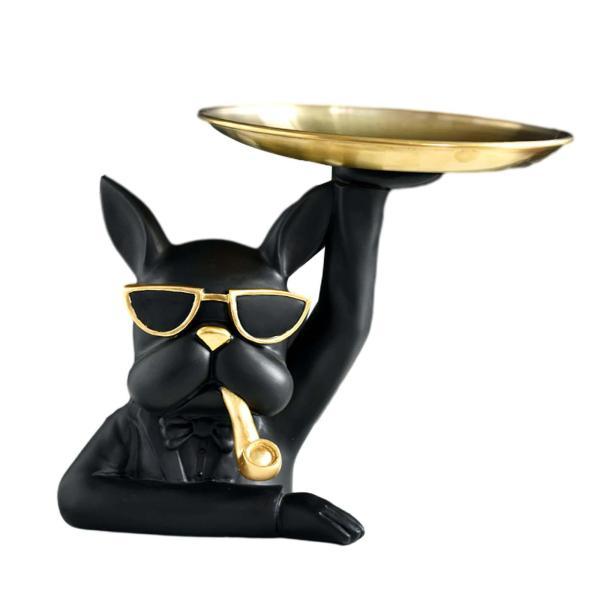 犬の像収納トレイ 直径17cm トレイ ブルドッグの置物 自宅の寝室用 ブラック 2