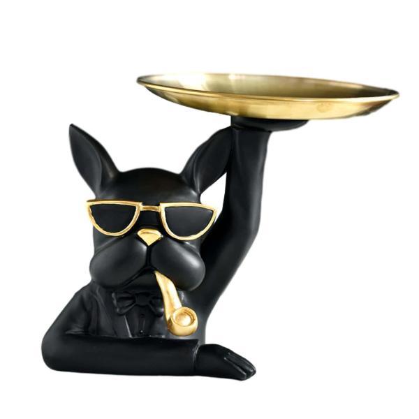 犬の像収納トレイ 直径17cm トレイ ブルドッグの置物 自宅の寝室用 ブラック 3