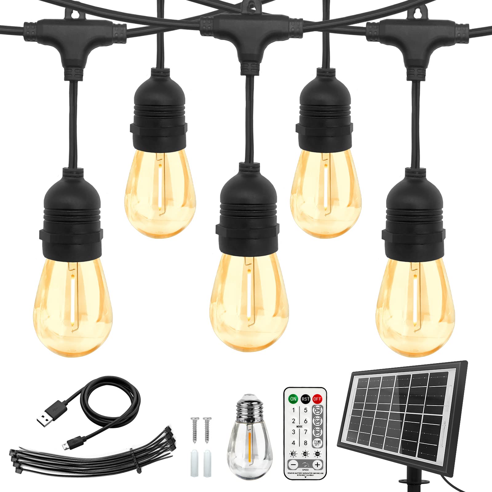 ソーラーストリングライト10Mソーラー LED ストリングライト6000mAh/USB-C充電 防雨型 15+1個S14電球 E27ソケット8点灯モード 夜間自動点灯 LEDライト キャンプ IP65防水 防塵仕様 リモコン付き、タイマー可能、DIY設定モード クリスマス/ハロウィン/パーティー/新年/祝日