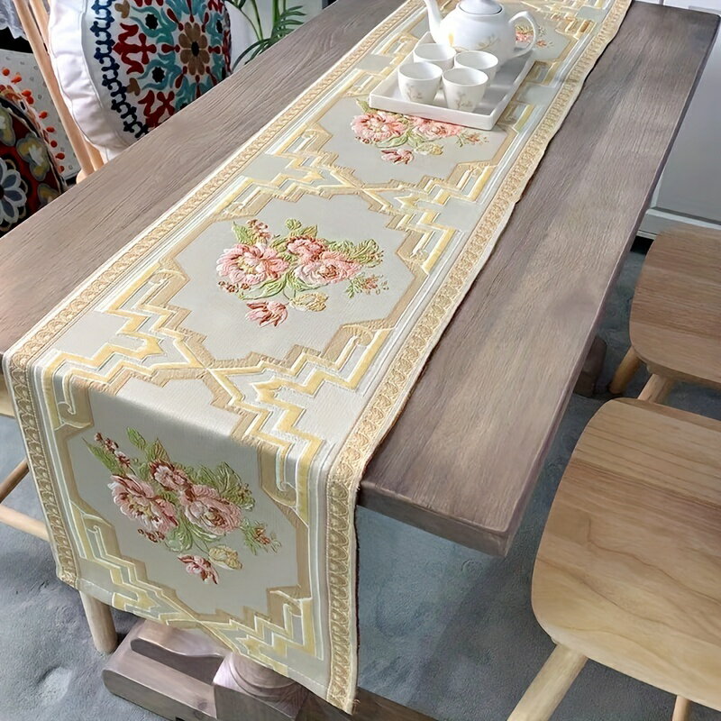 1pc 中国風フラワーレリーフ刺繍シェニールテーブルランナー、ヴィンテージスタイルジャカードテーブル..