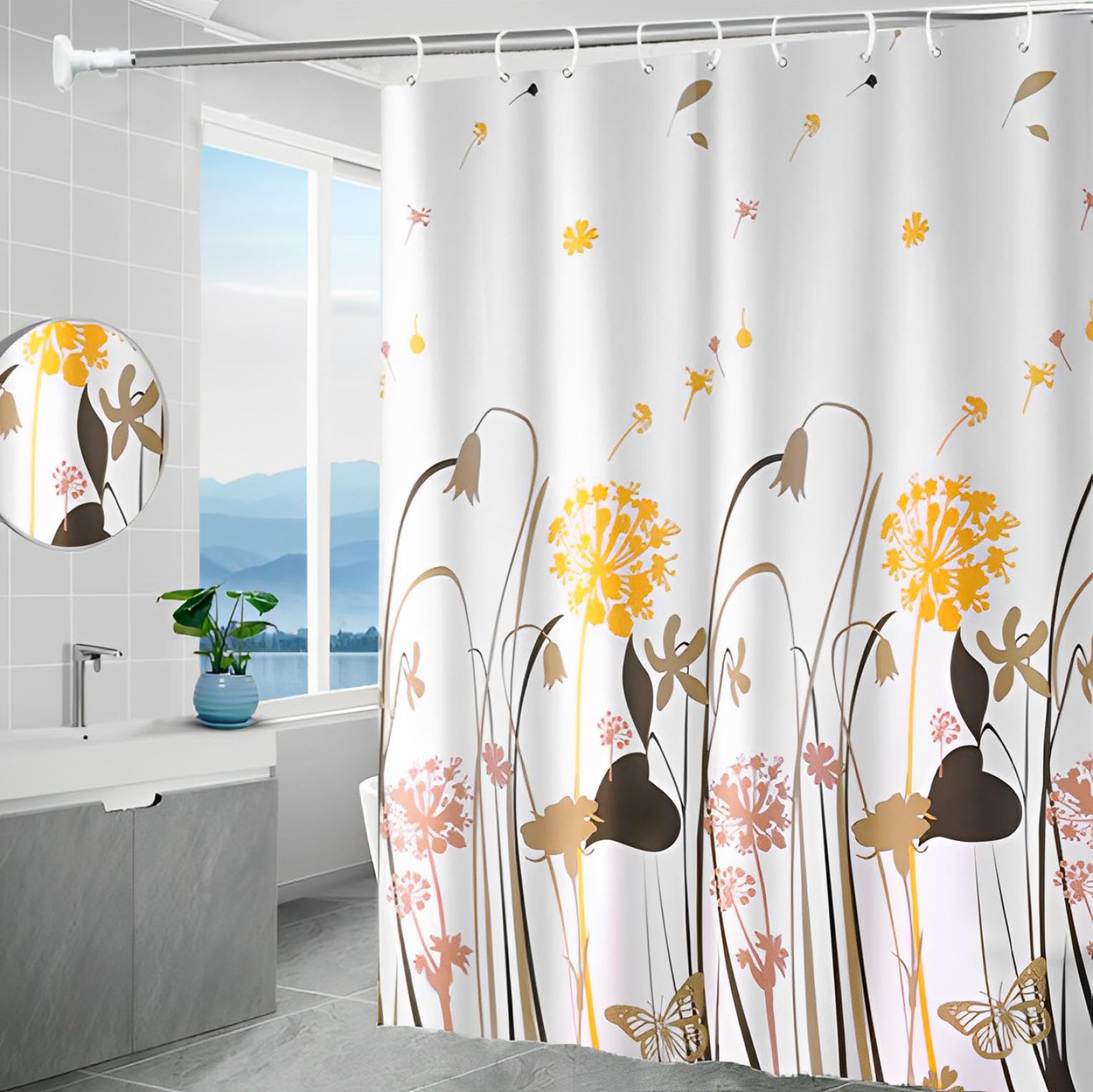 シャワーカーテン バスカーテン カラフル 防水 厚手 かわいい おしゃれ 間仕切り (花（イエロー）)