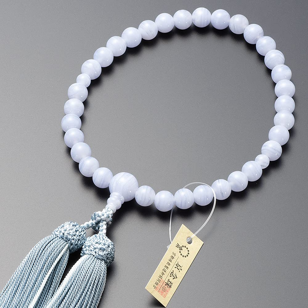 仏壇屋 滝田商店 京念珠 数珠 女性用 ブルーカルセドニー (ブルーレース) 8mm玉 正絹房 数珠袋付 すべ..