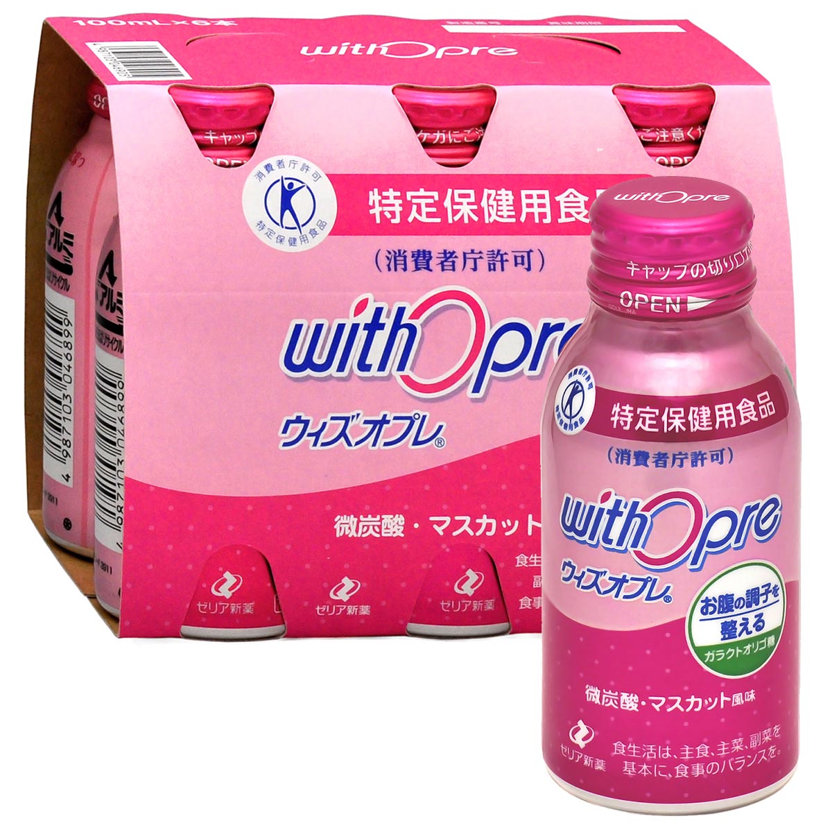 名称ウィズオプレ 100ml×30本セット内容量100ml×30本特徴栄養成分表示1本100ml当たり/熱量20kcal・たんばく質0g・脂質0g・炭水化物5.5g・ナトリウム11.2mg　(関与成分) ガラクトオリゴ糖2.5g商品説明特定保健用食品の『ウィズオプレ』に配合されているガラクトオリゴ糖は、胃で分解されずに腸まで届きビフィズス菌を増やすので、おなかのリズムをしっかりと整えて毎朝快調！おいしくて飲みやすい微炭酸のマスカット味なので、毎日コツコツ続けてスッキリおなかに！『ウィズオプレ』のガラクトオリゴ糖の特長口腔内で、ほとんど分解されません！酸に強く、胃で分解されず腸に届きます！腸内の善玉菌（ビフィズス菌と乳酸菌）の栄養源となり、増殖を促進！原材料ガラクトオリゴ糖液糖、酸味料、香料、アントシアニン色素、甘味料(スクラロース)使用上の注意●お召し上がり方 1日1本を目安にお召し上がりください。●摂り過ぎあるいは体質・体調によりおなかがゆるくなることがあります。●多量摂取により疾病が治癒したり、より健康が増進するものではありません。●他の食品からの摂取量を考えて適量を摂取してください。保存方法極端に高温または低温の場所、直射日光のあたる場所には保管しないでください。賞味期限パッケージに記載区分食品ダイエット・健康＞健康食品＞特定保健用食品＞お腹の調子製造国日本製造者ゼリア新薬工業株式会社東京都中央区日本橋小舟町10-11メーカー名ゼリアヘルスウエイ株式会社広告文責ゼリアヘルスウエイ株式会社お客様専用フリーダイヤル TEL：0120-493-004（平日 9:00〜18:00 日祝 ・年末年始休））